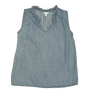 Time and True Chambray Tank Top Women's Size S Blue Ruffle Coastal Cowgirl Beach